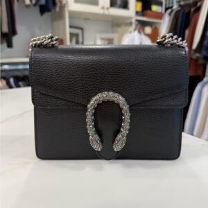 Black Leather Shoulder Bag with Silver Horsebit Detail (small)